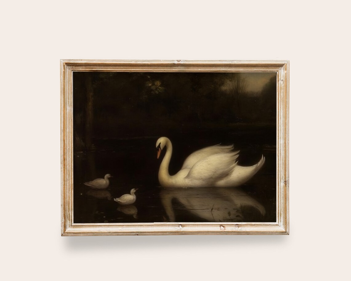 Vintage Swan Art Print, Dark Academia Decor