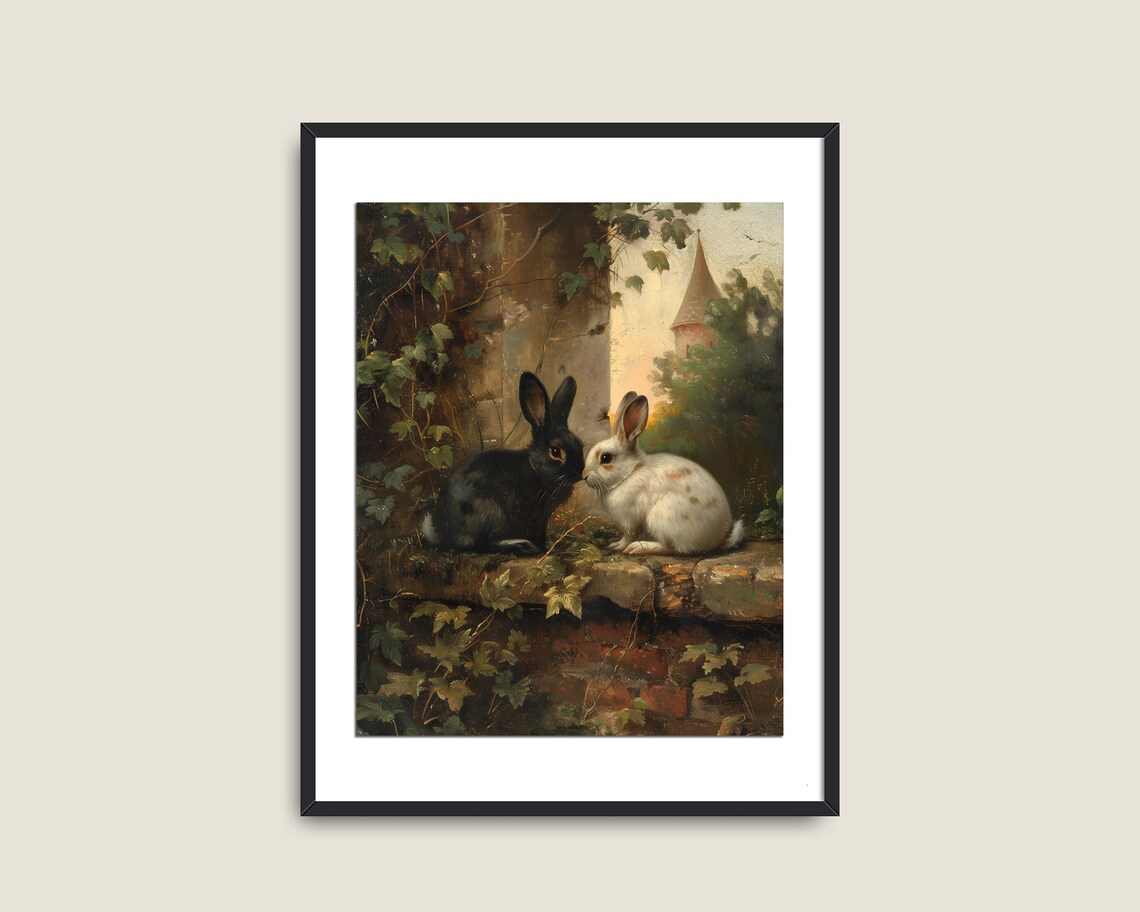 Black White Rabbits Ivy Ledge Vintage European Bunny Painting Print - Image 2