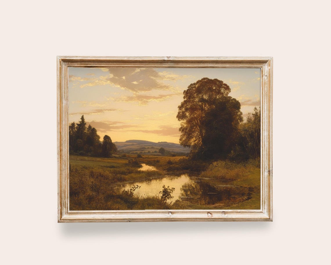 Golden Sunset River Meadow Landscape Vintage Countryside Poster
