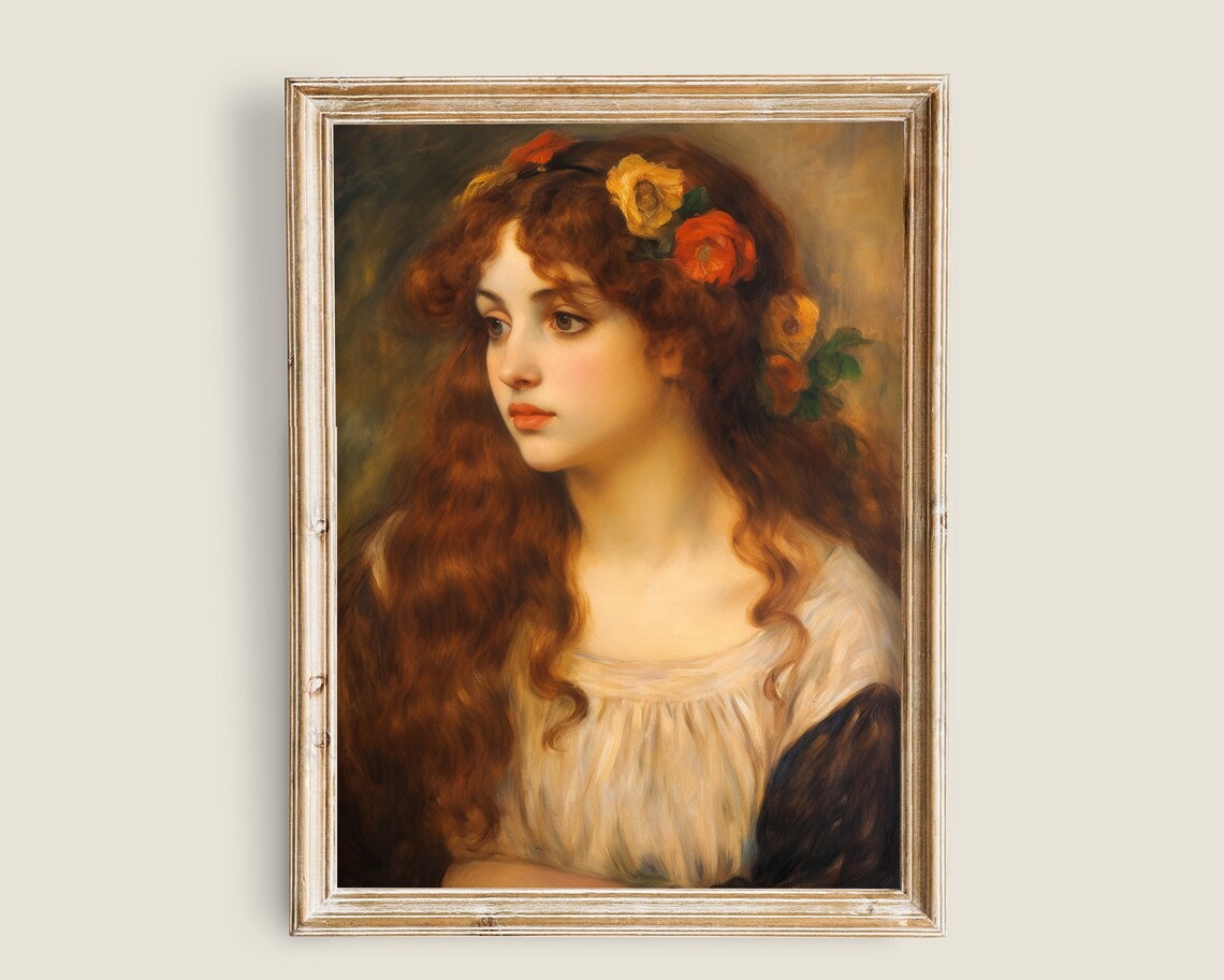 Vintage Redhead Woman Portrait, Dark Academia Art Print