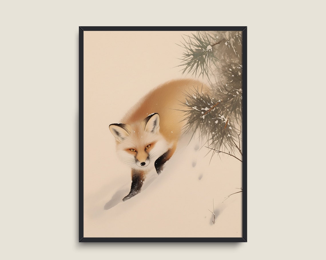 Red Fox Leaping In Snow Among Pine Trees Japanese Style Art Print - Image 3