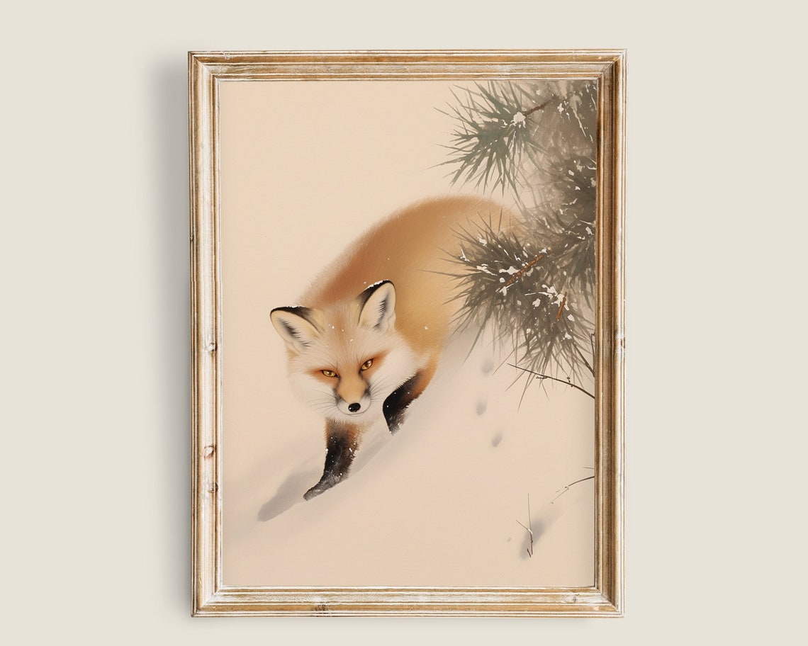 Red Fox Leaping In Snow Among Pine Trees Japanese Style Art Print