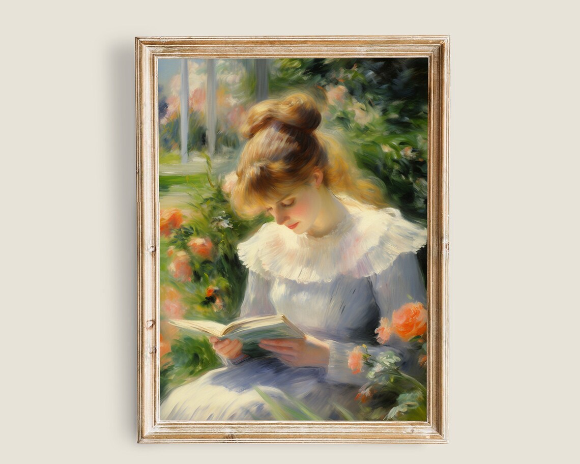 Woman Reading Book Garden Vintage Impressionist Sunny Roses Book Lover Art Poster
