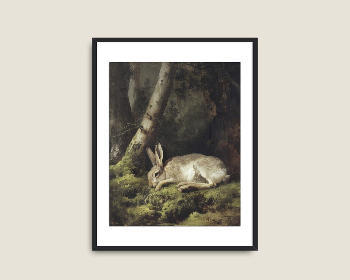 Resting Hare On Mossy Forest Floor Dark Woodland Vintage Art Print - Image 2