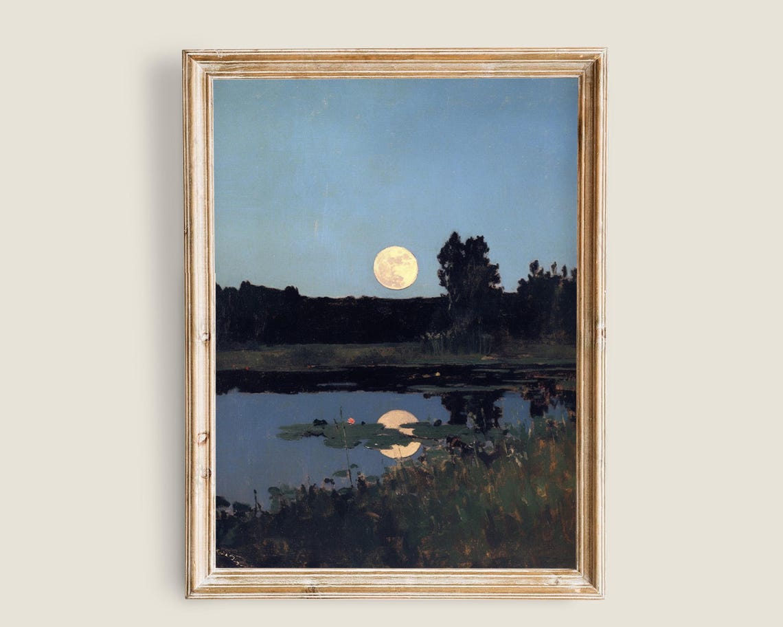 Full Moon Rising Over Dark Lake Night Landscape Vintage Wall Art