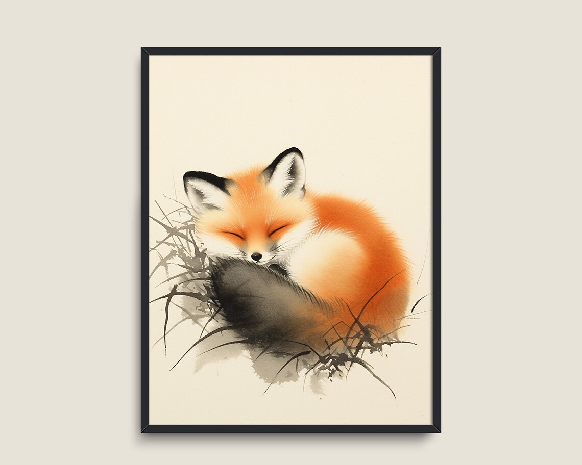 Sleeping Fox Curled Up Japanese Ink Style Cute Nursery Animal Print - Image 3