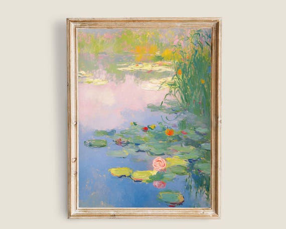 Nature Landscape Vintage Painting Nenufar Pond Lillypad Art Impressionism Nature Pink Pastel Art Wall Art