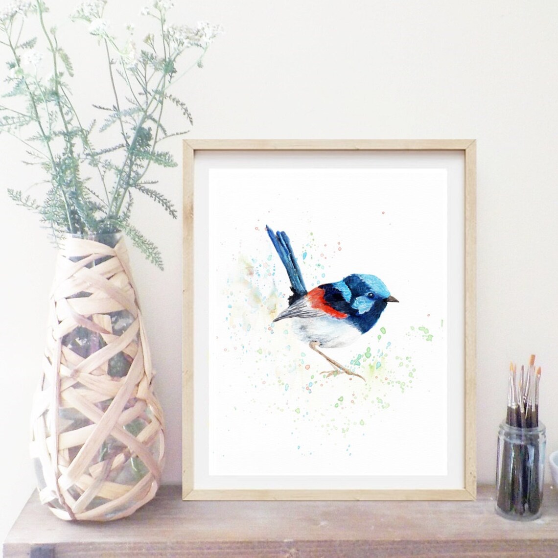 Bright Blue and Red Fairy Wren Watercolor Bird Portrait Art Poster - Image 2