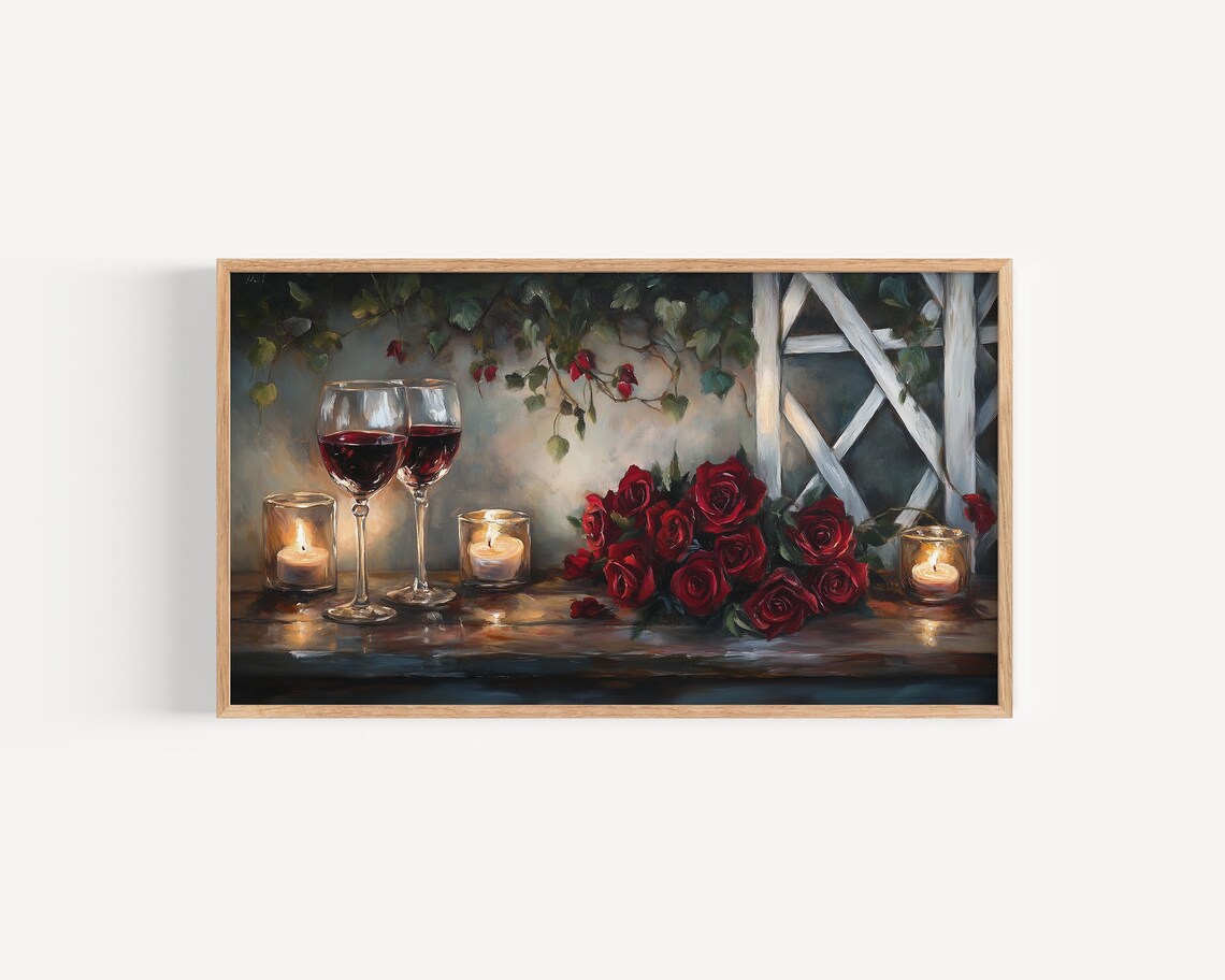 Red Wine and Roses Candlelit Still Life Oil Painting Style Poster