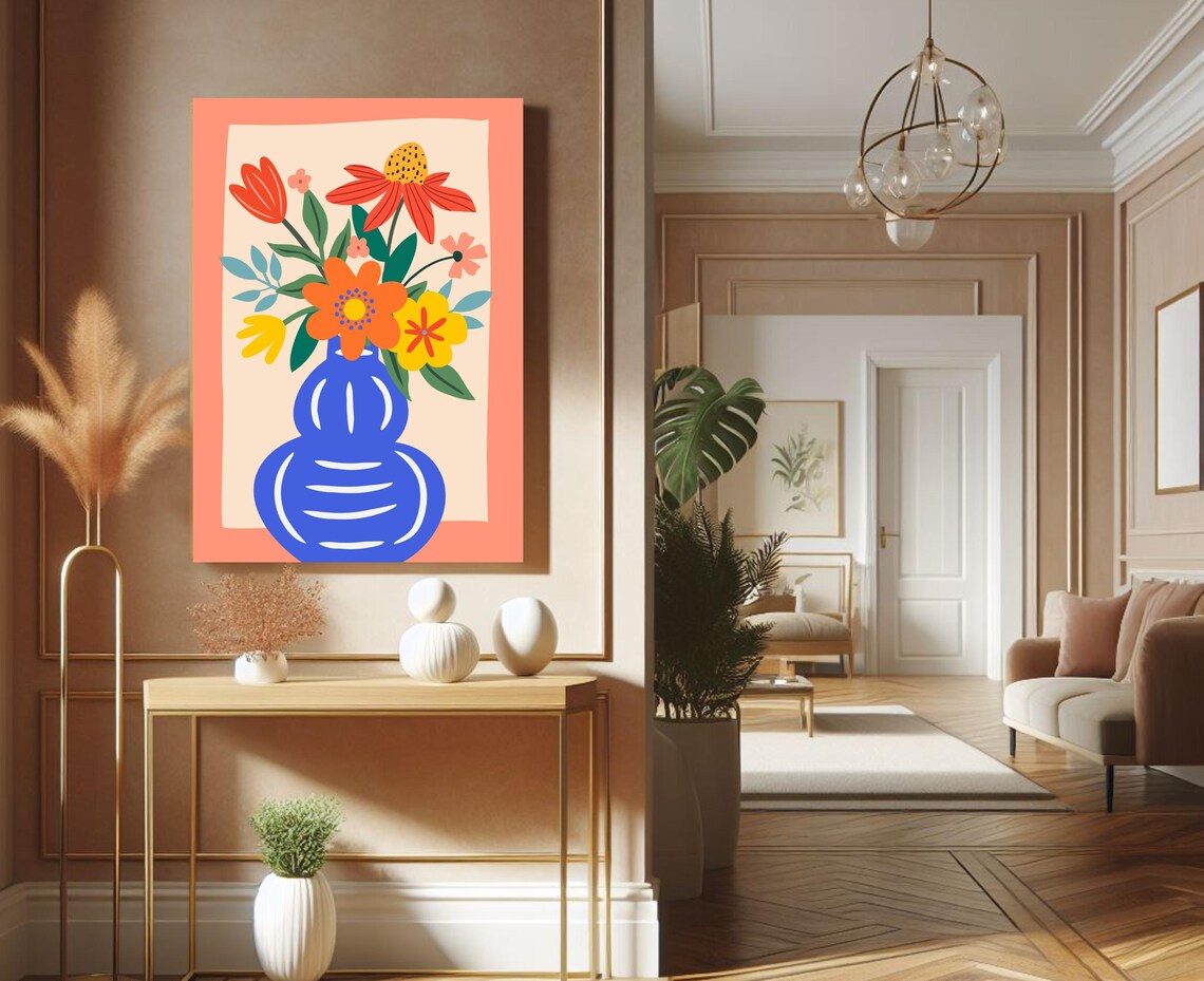 Modern Flat Floral Bouquet In Cobalt Blue Vase On Peach Art Print - Image 5