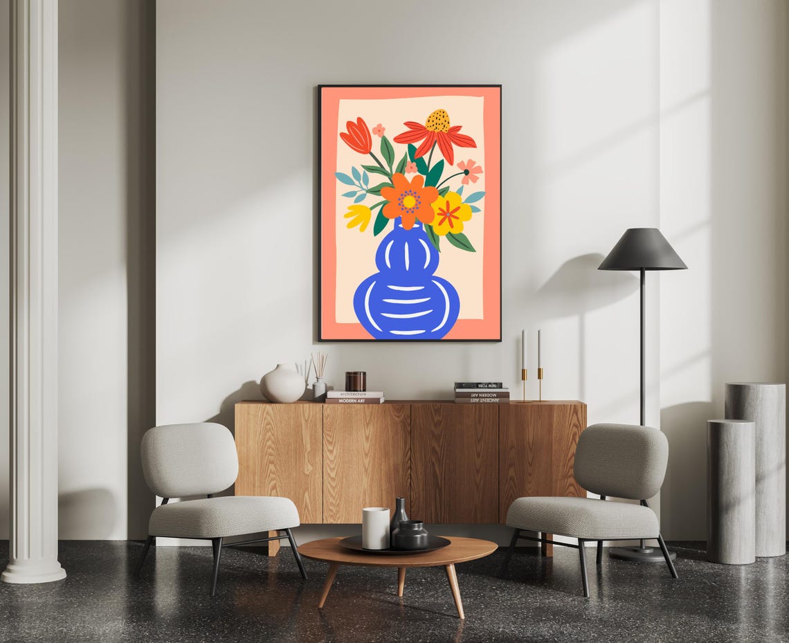 Modern Flat Floral Bouquet In Cobalt Blue Vase On Peach Art Print - Image 4