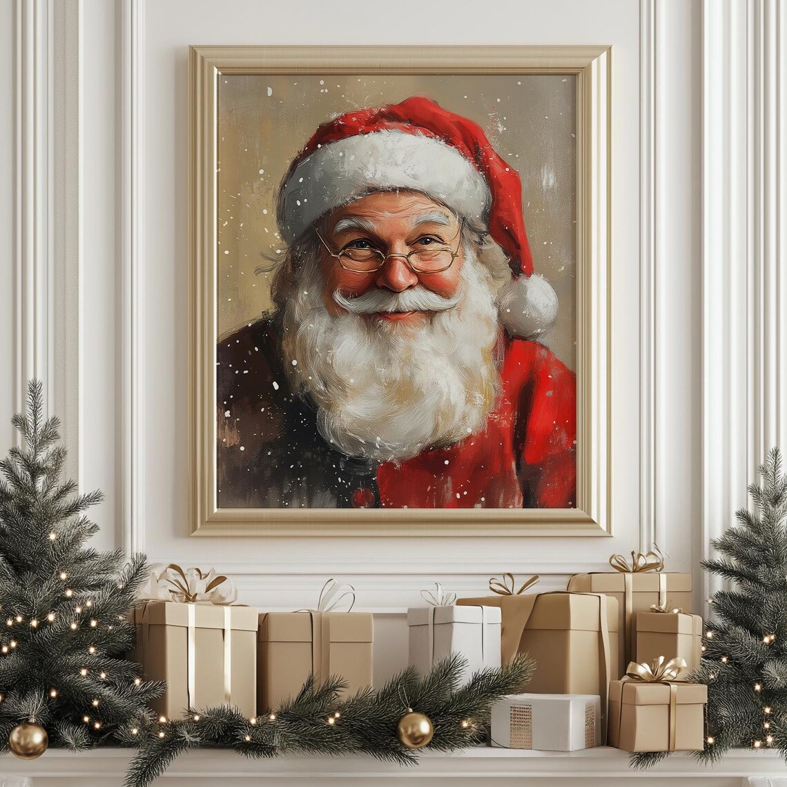 Jolly Smiling Santa Claus Portrait Oil Painting Christmas Art Print