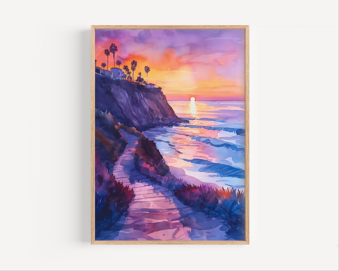 California Coast Purple Sunset Cliffs Ocean Watercolor Wall Poster