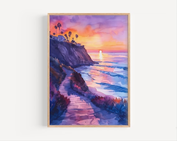 California Coast Purple Sunset Cliffs Ocean Watercolor Wall Poster