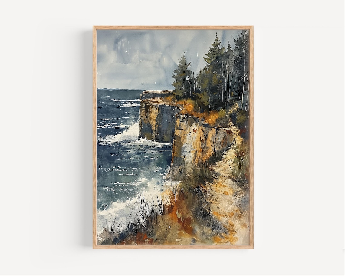 Lake Superior Shoreline Distressed Watercolor Art Print