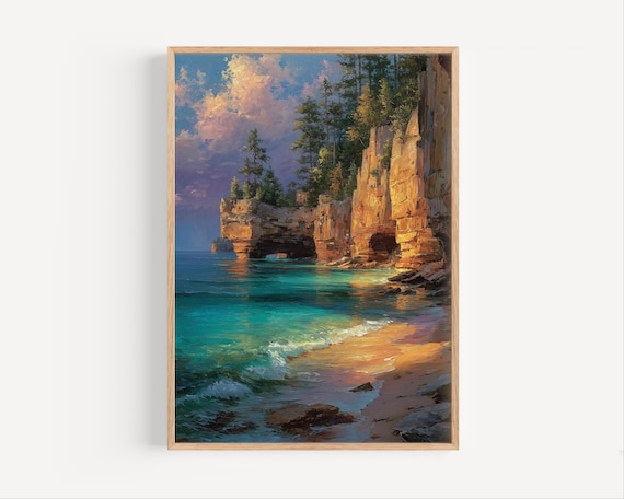 Golden Sunset Over Sea Cliffs and Natural Rock Arch Coastal Poster