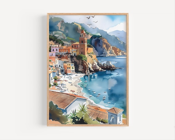 Italian Coastal Village Watercolor Church Tower Boats Poster
