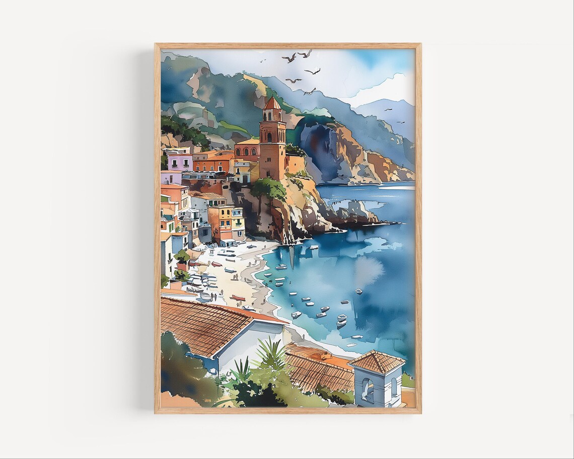 Italian Coastal Village Watercolor Church Tower Boats Poster