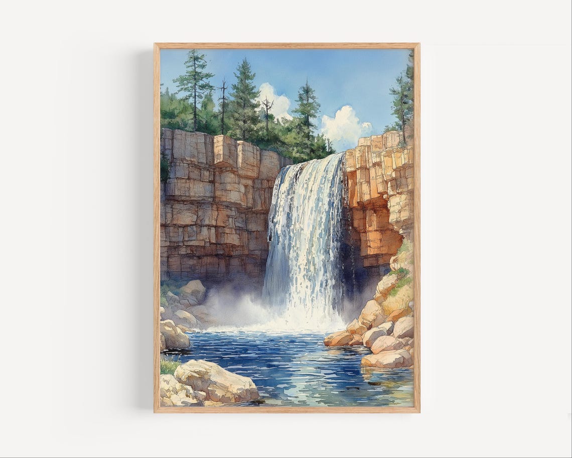 Spearfish Canyon Watercolor Waterfall Cliffs Blue Pool Art Poster