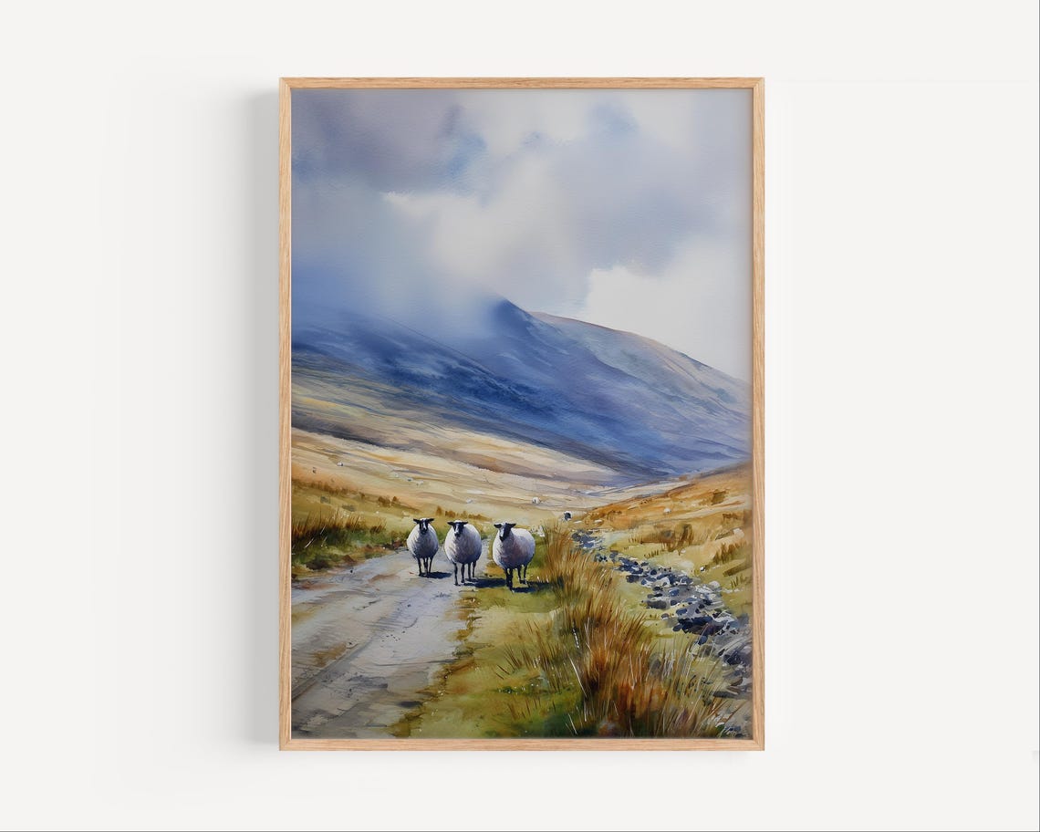Sheep on Highland Road Watercolor Painting Misty Mountain Wall Art