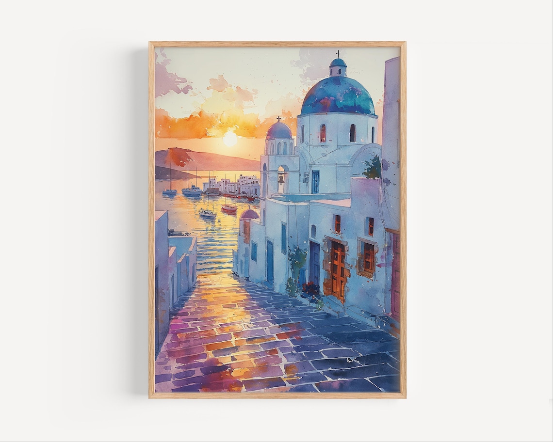 Paros Greece Sunset Watercolor Travel Poster