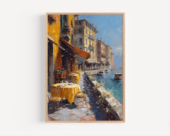 Sunny Navigli Milan Canal Cafe Terrace Italian Day Oil Poster