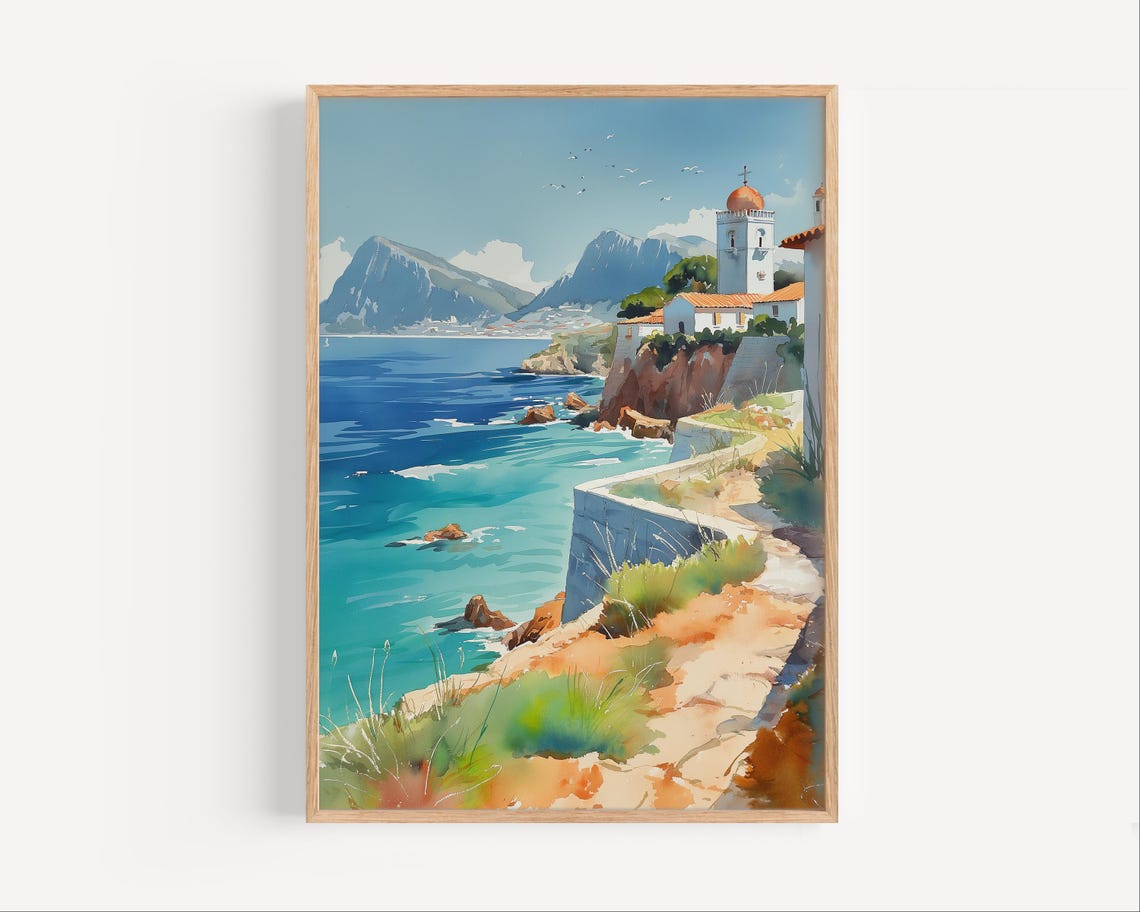 Gibraltar Coast Watercolor Rock Church Cliffs Turquoise Sea Poster