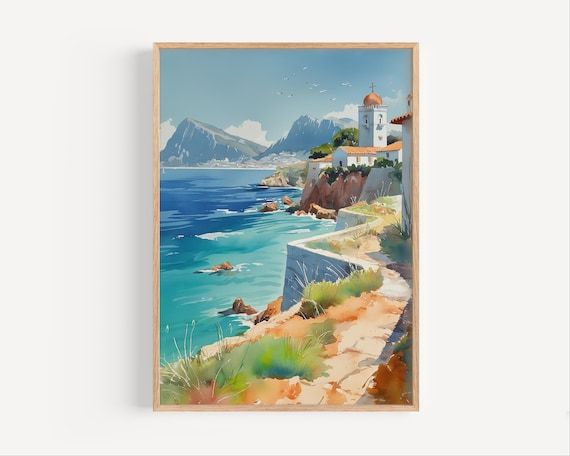 Gibraltar Coast Watercolor Rock Church Cliffs Turquoise Sea Poster