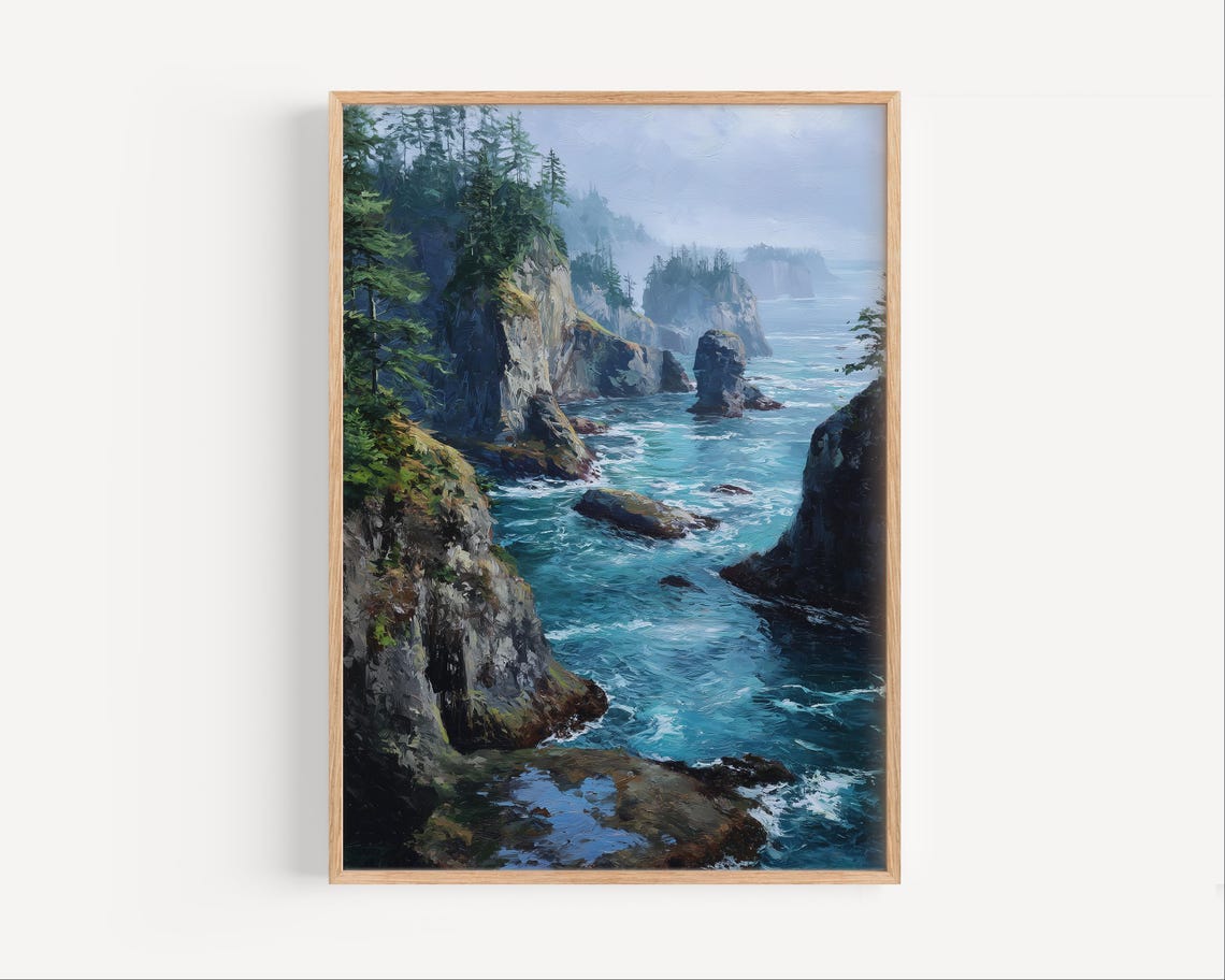 Misty Rocky Coast Evergreen Cliffs Turquoise Ocean Seascape Poster