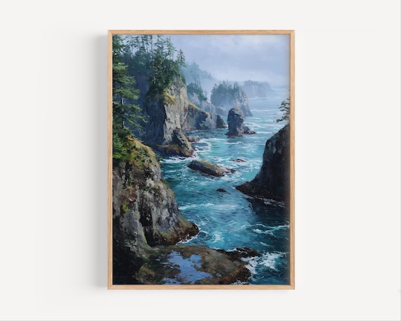 Misty Rocky Coast Evergreen Cliffs Turquoise Ocean Seascape Poster