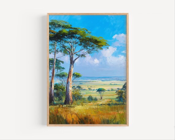 Golden African Savanna Acacia Tree Landscape Oil Painting Poster