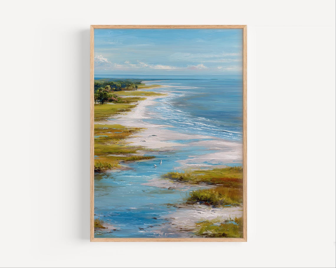 Tranquil Coastal Marsh Birds Beach Creek Oil Painting Poster