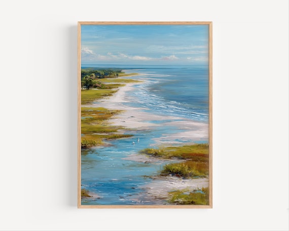 Tranquil Coastal Marsh Birds Beach Creek Oil Painting Poster