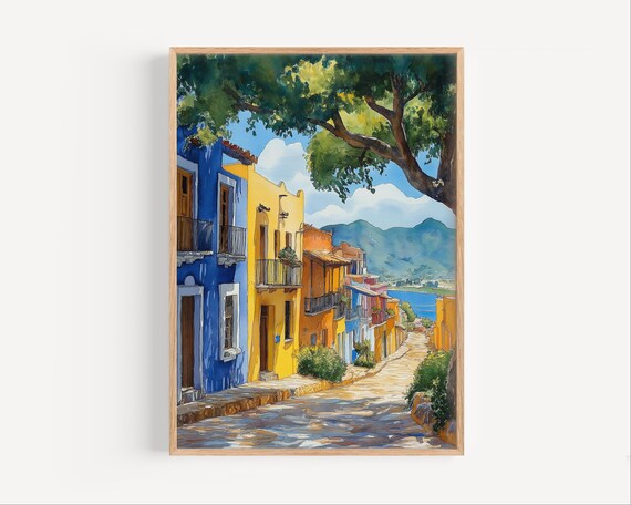 Aguascalientes Watercolor Colonial Street Blue Yellow Mexico Art Poster