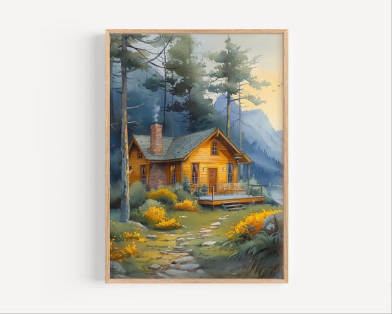 Lakeside Cottage in Alaska Watercolor Art Print
