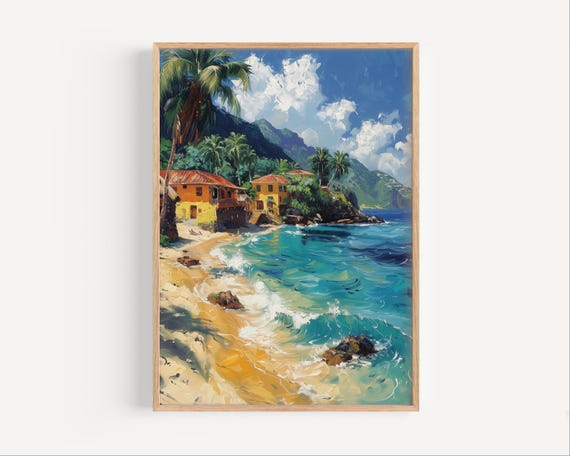 Saint Lucia Caribbean Island Oil Painting Travel Poster Print Or Canvas Artwork Wall Art Gift Tropical Souvenir Paint Style