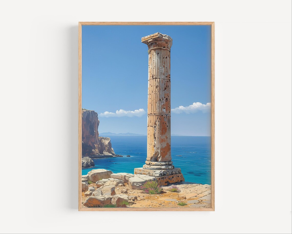 Greek Ruins Ancient Column Turquoise Aegean Sea Coastal Travel Art Poster