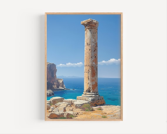 Greek Ruins Ancient Column Turquoise Aegean Sea Coastal Travel Art Poster