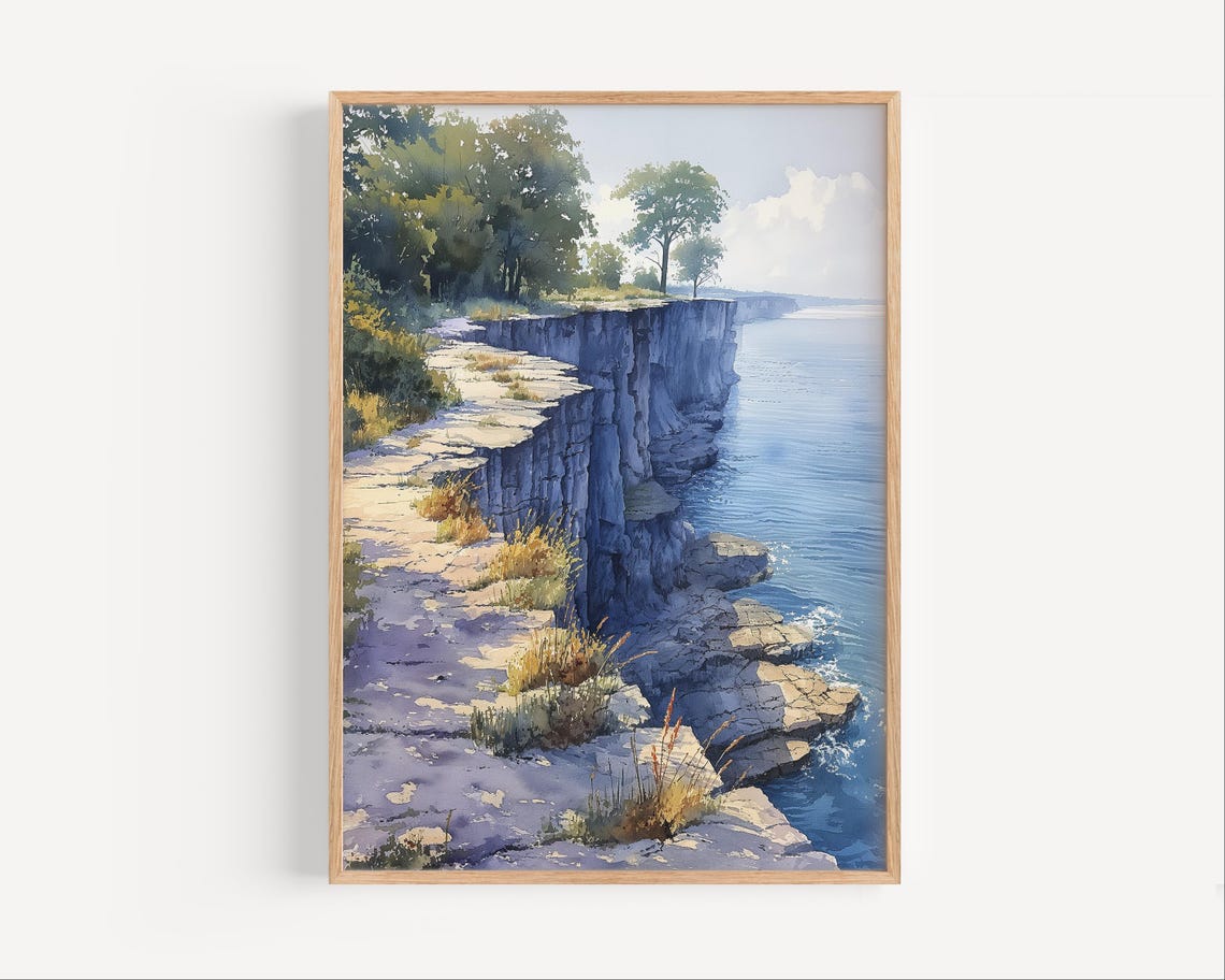 Sunlit Coastal Cliffs Blue Sea Cliff Top Path Watercolor Poster