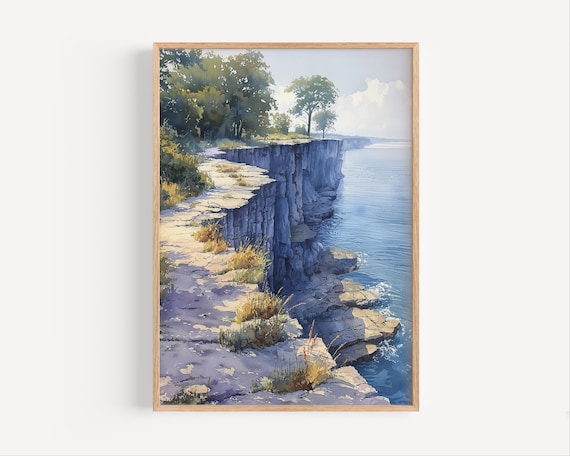 Sunlit Coastal Cliffs Blue Sea Cliff Top Path Watercolor Poster