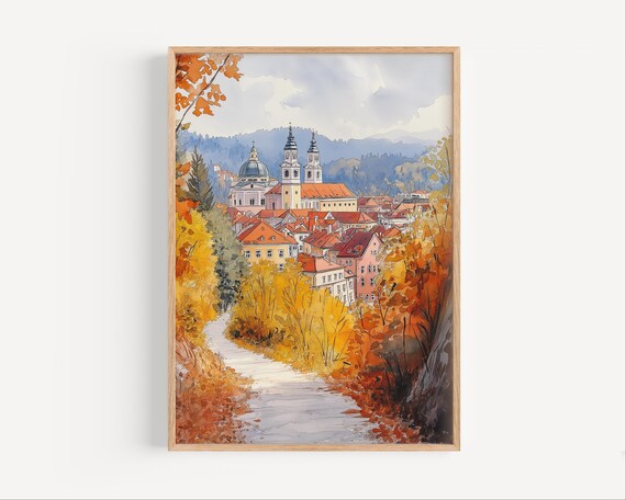 Ljubljana Watercolor Painting Travel Poster Or Canvas Print Slovenia Wall Art Gift Autumn Slovenian