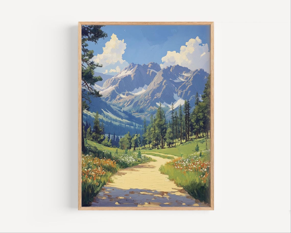 Mountain Trail Wildflower Meadow Snow Peak Oil Painting Art Poster