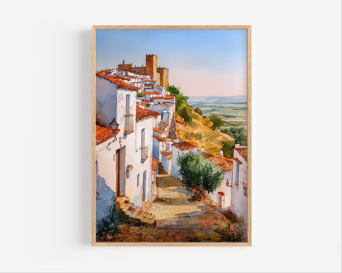 Monsaraz Portugal Whitewashed Village Castle Watercolor Travel Poster