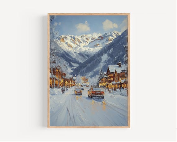 Telluride Oil Painting Ski Poster Print Or Canvas Colorado Wall Art Gift Paint Style Town Skiing