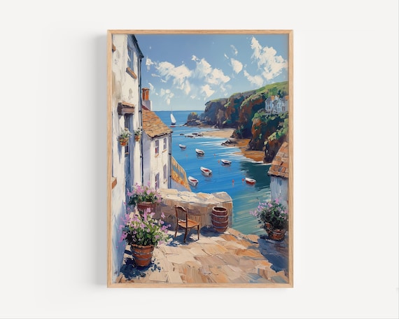 Porthoustock England Coastal Village Bay Boats Oil Painting Poster