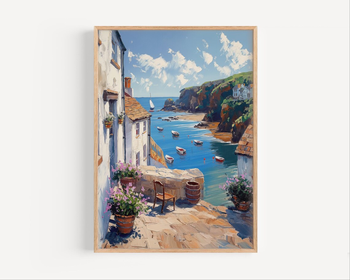 Porthoustock England Coastal Village Bay Boats Oil Painting Poster