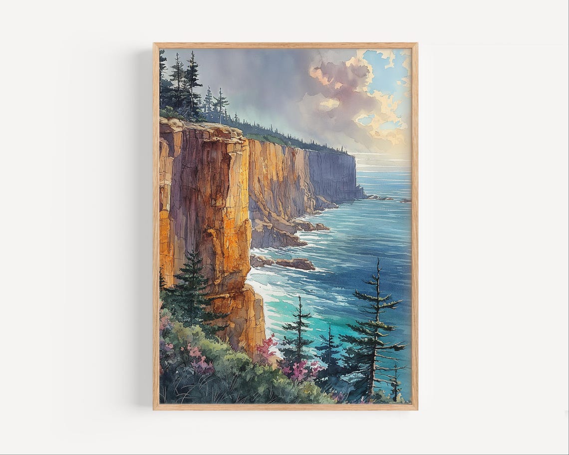 Otter Cliffs Maine Rocky Coastline Acadia Watercolor Art Poster