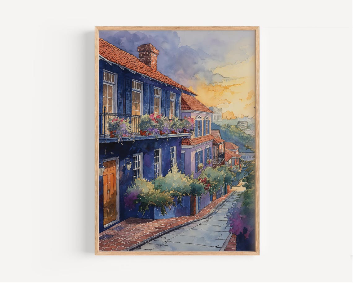 French Quarter New Orleans Sunset Blue Houses Watercolor Poster