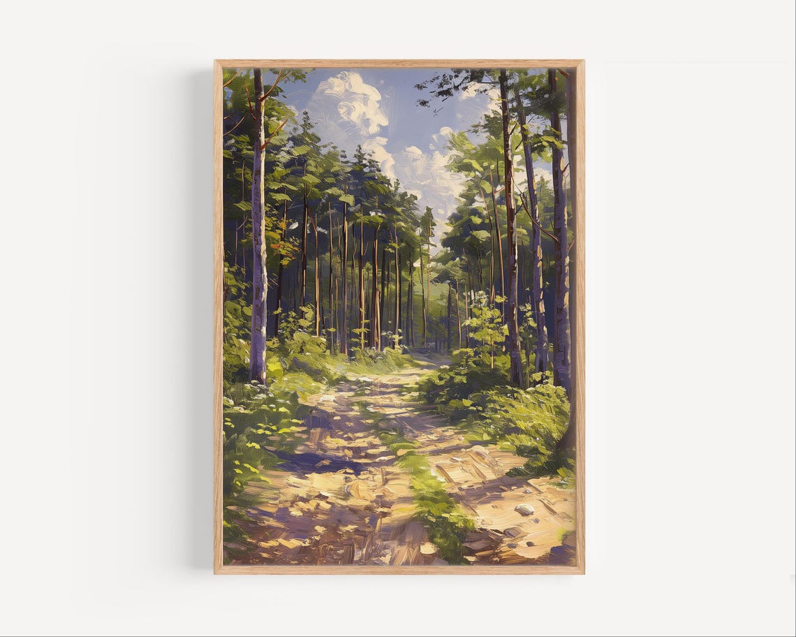 Sunlit Forest Path Tall Pine Trees Trail Nature Painting Poster