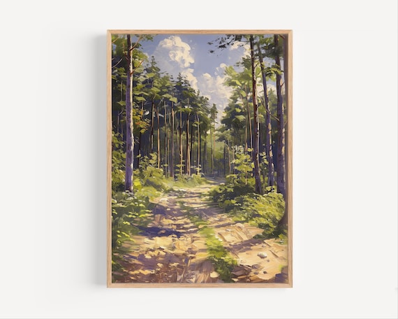 Sunlit Forest Path Tall Pine Trees Trail Nature Painting Poster